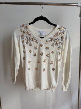 Charter Club Cream Embellished Sweater | Floral Appliqué Knit Top | Petite